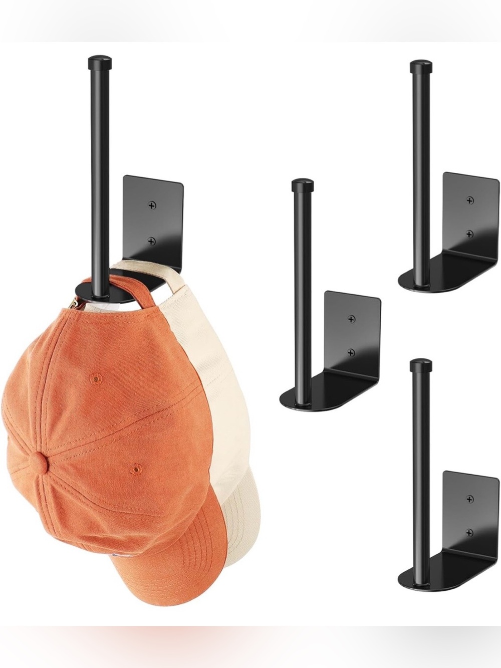 Wall Mount Hat Hooks - Black Metal Cap Holder (Set of 4)